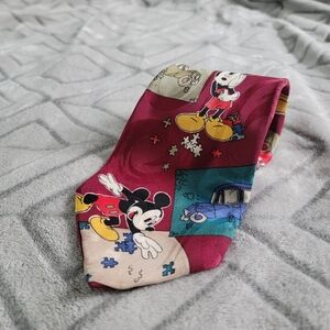 Vintage Mickey Mouse Silk Tie Cars Trucks Puzzle Pieces Burgundy